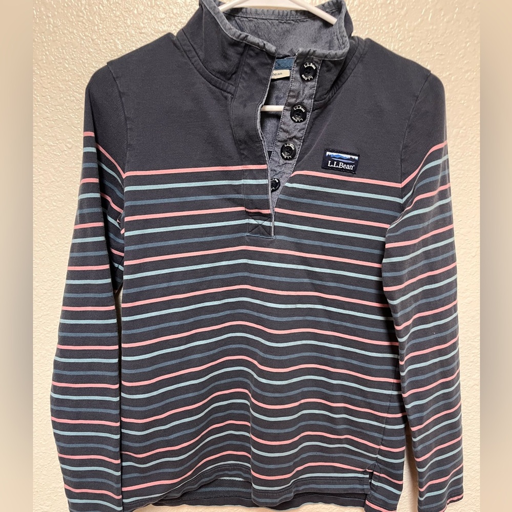L.L. Bean Soft Cotton Rugby Henley Shirt Womens XS Blue Rainbow Stripe Preppy